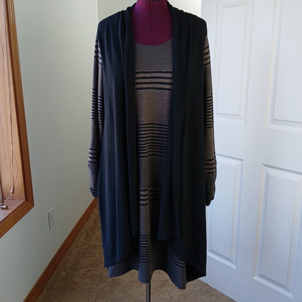 Haani Woman 2-in-1 Sweater Dress Cardigan 2X black tan stripe long sleeve midi - Picture 5 of 12